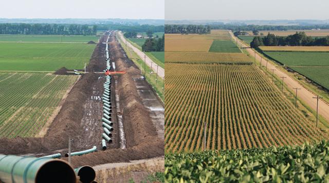 TransCanada is committed to minimizing its environmental impact along the proposed route. The two photos above show the minimal impact of pipeline construction (left) and the successful reclamation of the same strip of land to its original productive condition. - TransCanada