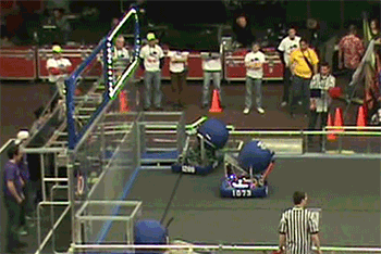 1073s robot, Atlas, scores a goal during the autonomous period of the game, where the robot runs only on code prior to the drive team taking control