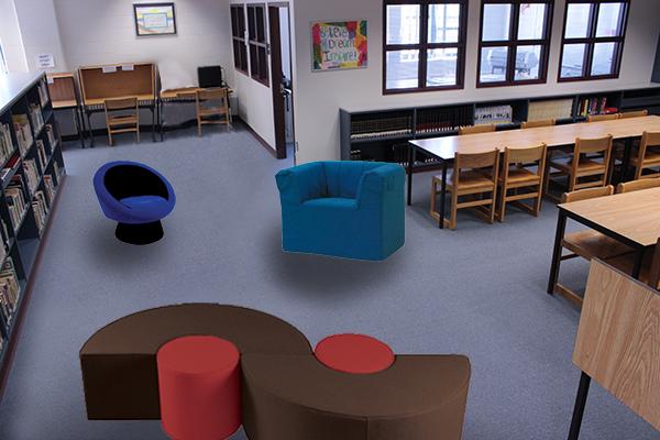 An illustration imagining a possible change in the library, with a shelf removed, Heaton says that the space can be filled with comfortable seating for students.
Photo Credit: Julie Christie