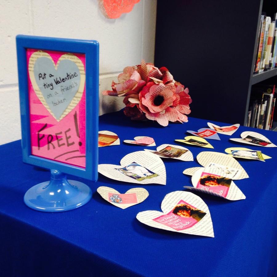 Among other activities in the library, Heaton created over a hundred valentines for students to take. There are only fourteen left.
