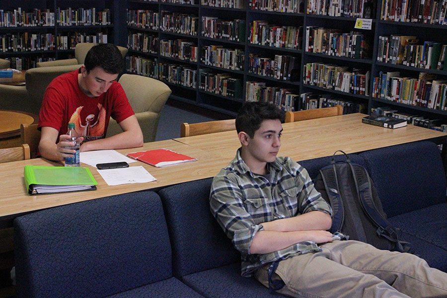 Joe White 17 and Matt Dowling 18 in the HB library.