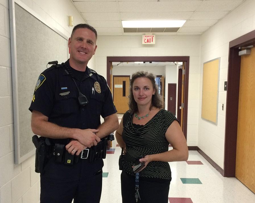 HBHSs+SRO%2C+Officer+Bergeron%2C+stands+next+to+Amanda+Zeller%2C+new+Assistant+Administrator+at+the+school.+