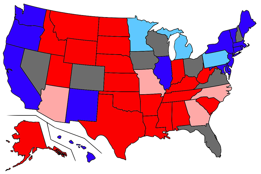 Blue: Safe Democratic; Light Blue: Lean Democratic; Red: Safe Republican; Pink: Lean Republican; Gray: Tossup