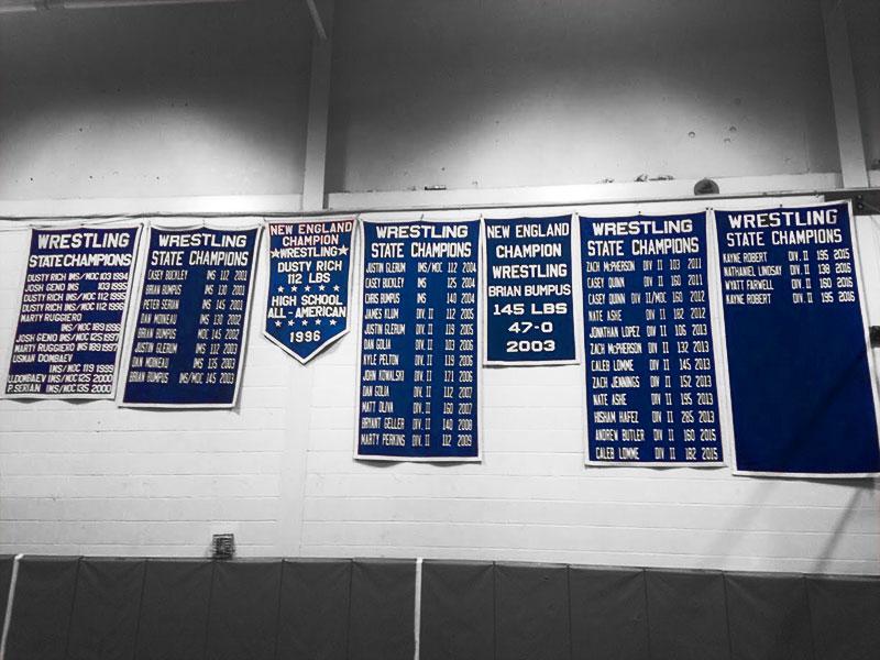 The number of wrestling banners speaks to the success of the sport at HB throughout the years.