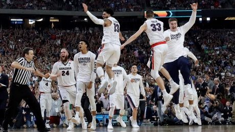 Gonzaga celebrates after their Final Four win against South Carolina