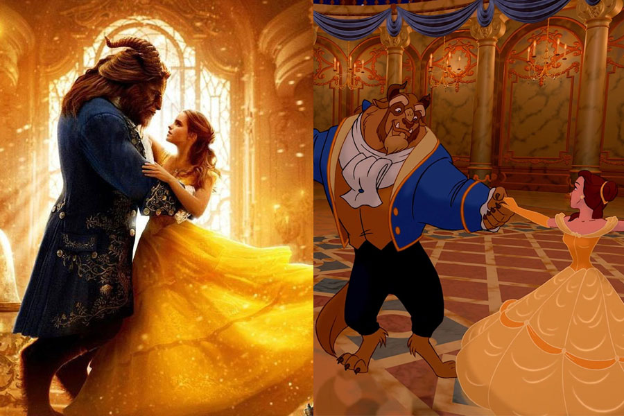 Emma Watson and Dan Stevens in the famous ballroom scene, alongside their animated counterparts. 