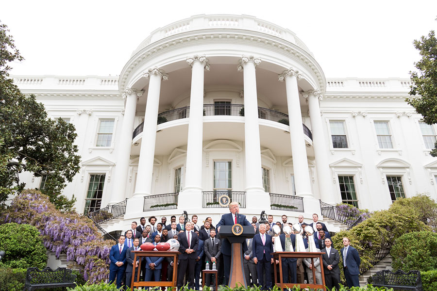 President Donald Trump speaks at the white house press conference following the Patriots win in Super Bowl 51. Thirty-four players attended, a number which was significantly less than the 50 who made the trip two years prior, with President Barack Obama in office.