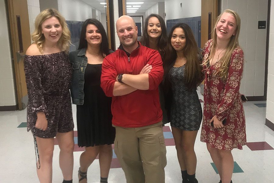 Athletic Trainer, Mike Thompson, with (left to right) Lexie Vachon ’18, Ashlyn Bodhodt ‘18 , Tatyana Rodriguez ‘18, Olivia Bourgeois ‘18, and Hannah Hayes ‘18.