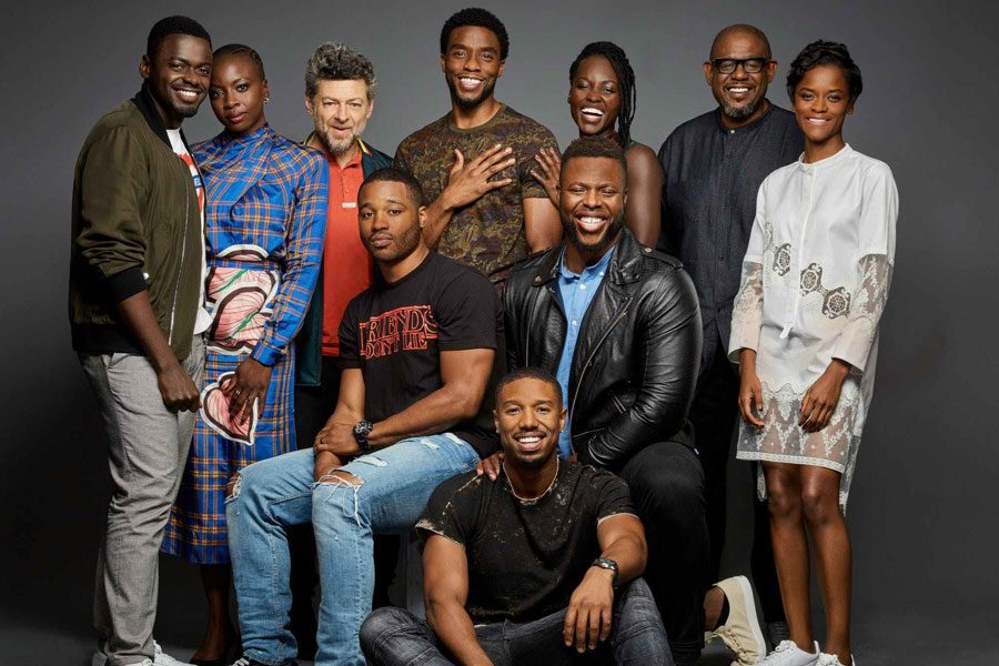 The cast of Black Panther poses for Entertainment Weekly.

Top Row (Left to Right): Daniel Kaluuya, Danai Gurira, Andy Serkis, Chadwick boseman, Lupita Nyong’o, Forest Whitaker, Letitia Wright 
Second Row: Director Ryan Coogler, Winston Duke
First Row: Michael B. Jordan