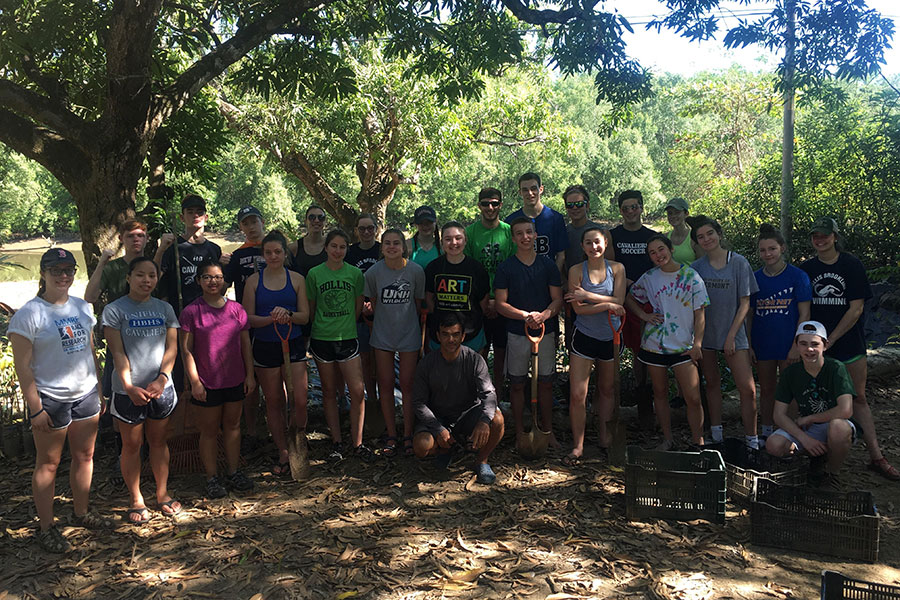 Students on the Costa Rica trip stand together after they finished digging and replanting seeds to bring wildlife to the shores. The trip consisted of activities to help out the community and preserve the land along the river. “It feels good that all the work we put in will help so many people in the future, and we all became a lot closer while we were doing it,” said Meghan Veino ‘20.