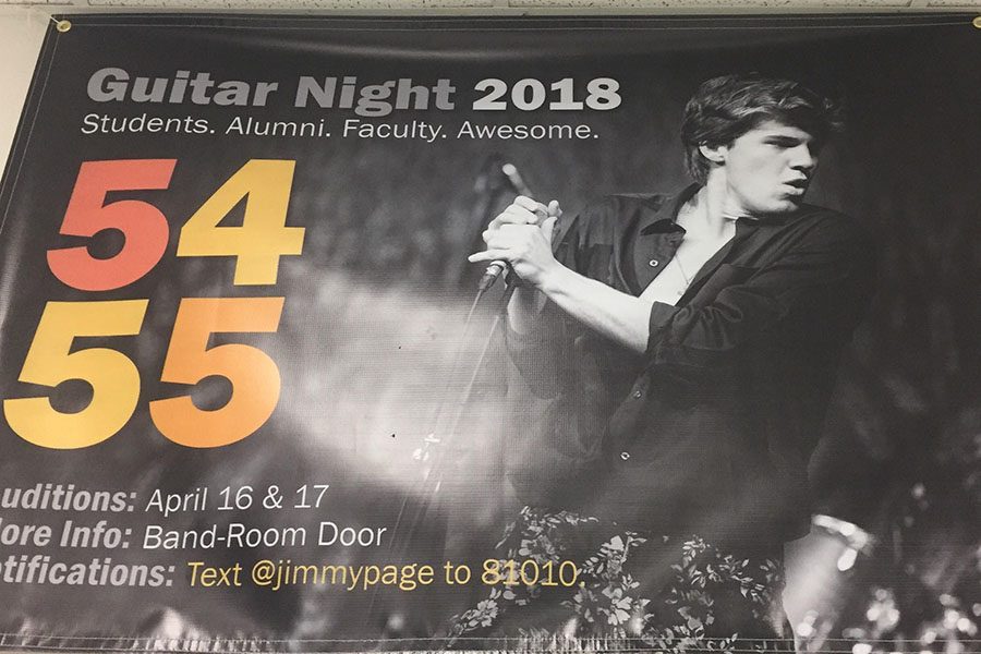 Joe Messina is featured in this banner advertising Guitar Night. All around the school, banners were put up to let people know about the show in May. “Nothing compares to what I feel on stage with the music blaring and the crowd in front of me. To say I’m excited about this Guitar Night is a grand understatement,” said Messina.