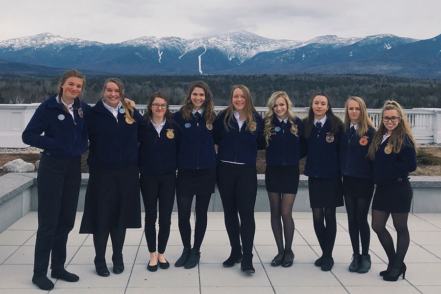 Juniors Cassidy Pigott, Mackenzie Wood, and Olivia Valentine, with some of their veterinary science classmates from Alvirne and Nashua. The class has been preparing months for this convention and are very excited to go to nationals. “Overall, it was a very nice weekend!” said Wood ‘19.
