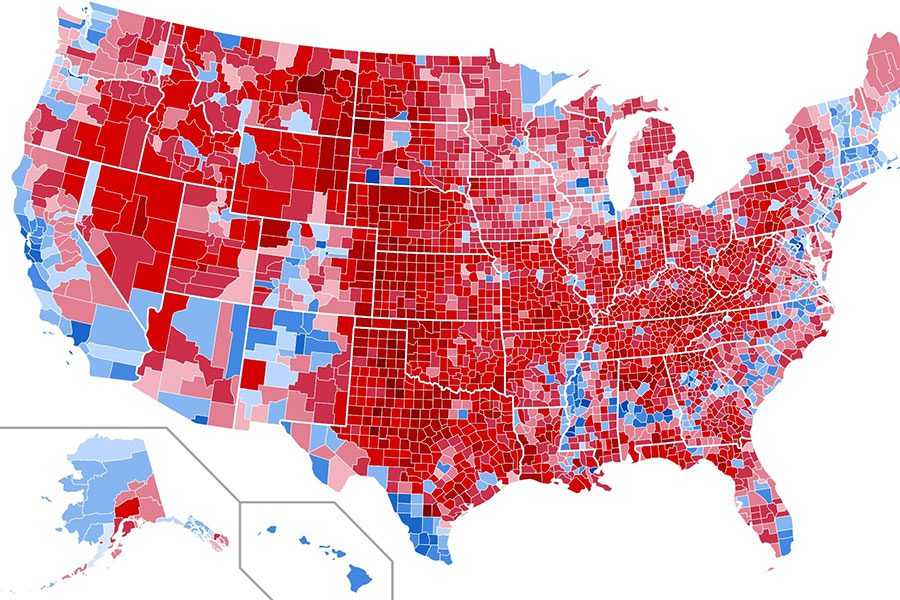 The results of the 2016 presidential election broken down by voting districts. Even at this level, the districts misrepresent voters intentions. 