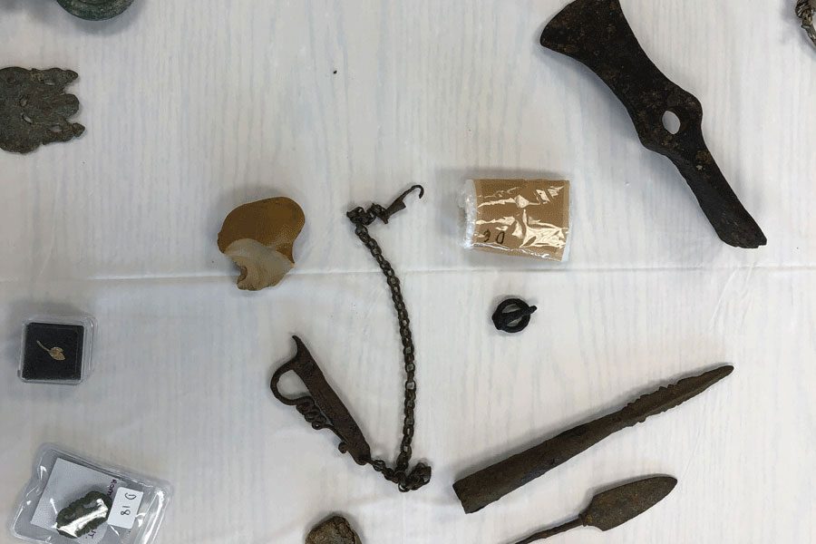 Carving tools, flint and steel, nails, and other survival items are seen here. Professor Newman claims items like these were crucial to survival in ancient times. 