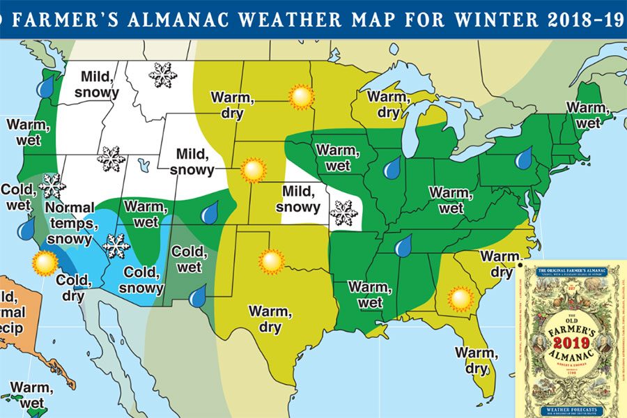 From the Farmers Almanac website, this map of the US shows its predictions for the 2018-2019 winter, warm and wet. Not very wintery but at least its not absolutely freezing cold.