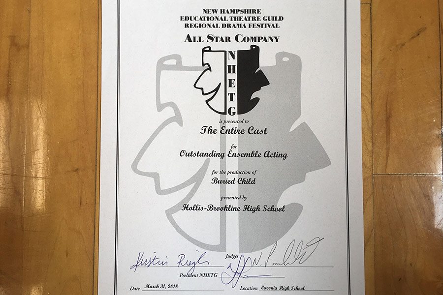 At+the+2018+NHETG+Regional+Drama+Festival%2C+HBHS%E2%80%99s+ITS+won+the+Outstanding+Ensemble+Award+and+received+this+certificate.+They+hope+to+attend+the+festival+again+in+2020.