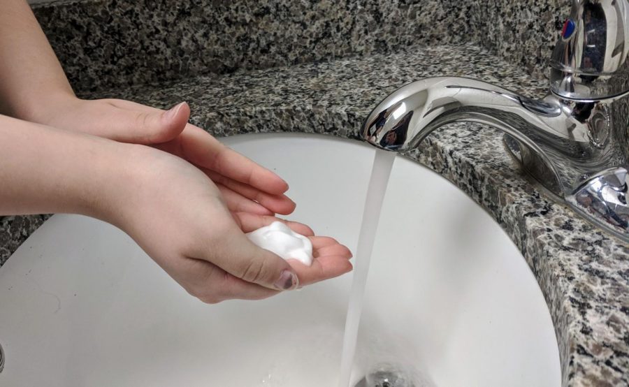 A+student+washing+their+hands+because+there+are+an+average+of+3000+different+types+of+bacteria+on+your+hands.+By+washing+your+hands+for+one+minute+with+soap+and+water%2C+only+8%25+of+those+germs+remain+on+your+hands.+%E2%80%9CIt+is+important+to+always+wash+your+hands+thoroughly%2C%E2%80%9D+said+Wellness+teacher+Maria+St.Pierre.+%0A