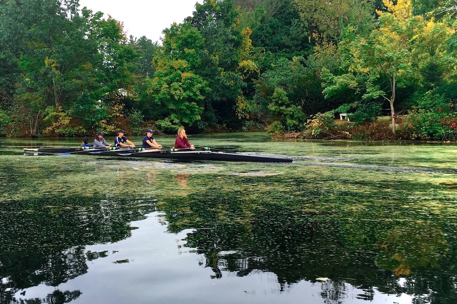 The Bulldog veterans are practicing sculling, paddling with two oars per person, during their warm-up. At the beginning of each meeting, each boat follows a warm-up as per the instructions of the coaches. Stockwell says, “We row up to the dam [on the Nashua River], and then back down to the end of the first straight.”