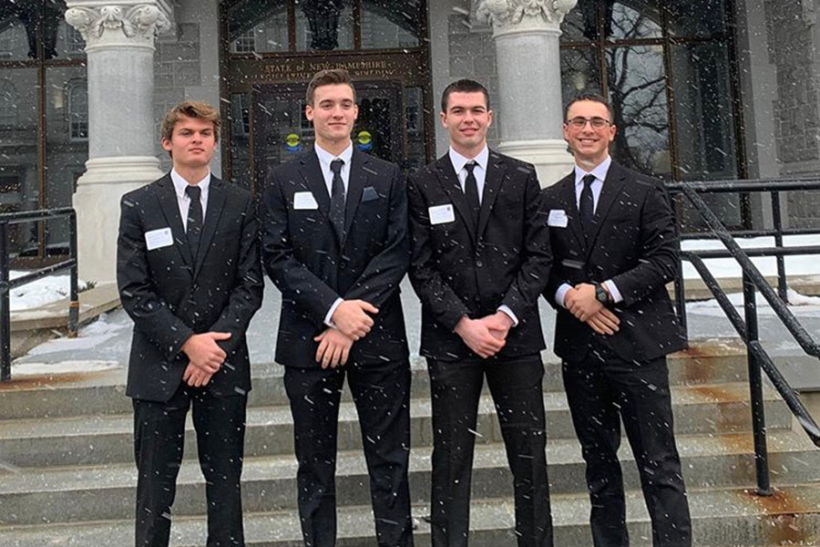 A.P. Government students, Josh Ide ‘20, Henri Boudreau ‘20, Ryan Coutu ‘20 and Nate Sartell ‘20, standing in front of the New Hampshire State House before their hearing.