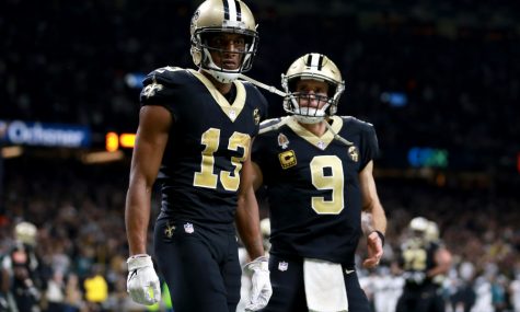 NEW ORLEANS, LOUISIANA - JANUARY 13: Michael Thomas #13 and Drew Brees #9 of the New Orleans Saints celebrate their third quarter touchdown against the Philadelphia Eagles in the NFC Divisional Playoff Game at Mercedes Benz Superdome on January 13, 2019 in New Orleans, Louisiana. (Photo by Sean Gardner/Getty Images)