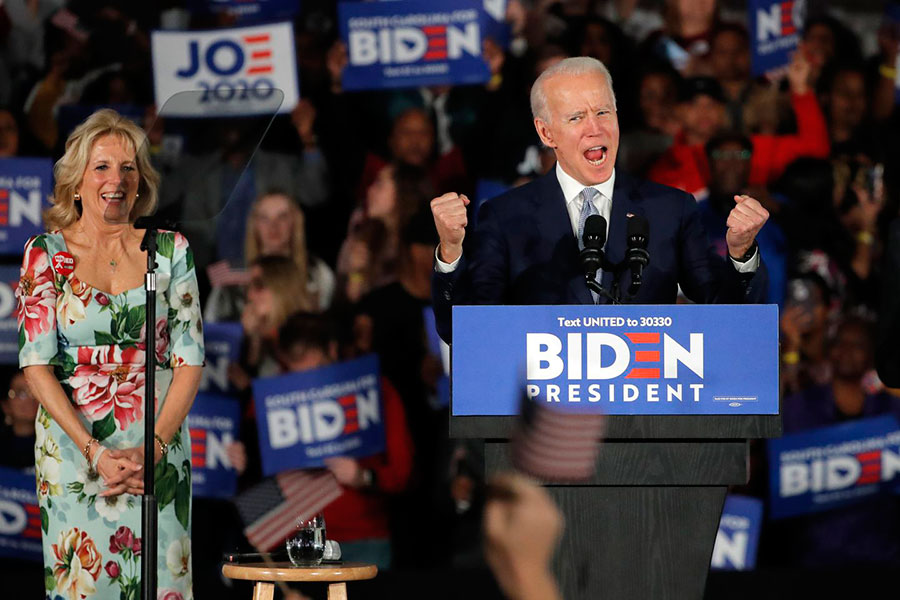 Joe Biden celebrates his Super Tuesday victories at a rally in Colombia. Biden, after defeats in the first two primaries, is now the current delegate leader. “Biden is well-liked by Black voters, moderates, and the Democratic establishment,” said Lily Coady ‘20.