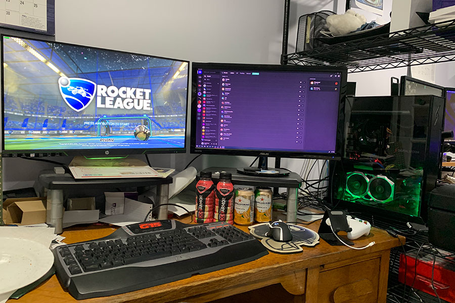 Aaron Lawrence shows off his extravagant gaming setup before digging into his daily dose of Rocket League. Though Aaron participates in many different online games, Rocket League has been a mainstay for him since he bought it. “I assume most people are cranking up the gaming time right now,” said Lawrence.