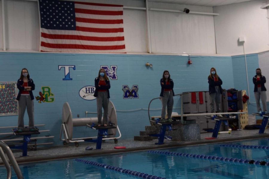 Senior+swimmers+%28left+to+right%29+Devin+Kuchta%2C+Delaneny+Weimer%2C+Alex+Putney%2C+Meghan+Flannery%2C+Hannah+Lapointe+all+had+senior+years+to+remember.+Filled+with+Covid+restrictions%2C+virtual+meets%2C+and+lack+of+pool+time%2C+the+team+was+still+able+to+find+success.+%E2%80%9CEveryone+on+the+team+was+just+thankful+to+have+a+season+and+we+took+what+we+could+get%2C%E2%80%9D+said+Meghan+Flannery+%E2%80%9821.