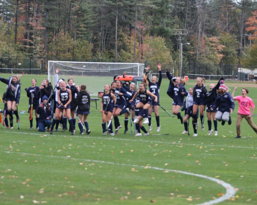 HB+Girls+Field+Hockey+Celebrates+on+the+sidelines+during+the+shoot+out+of+their+playoff+game+at+Kennet.+