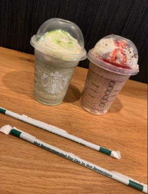 Two drinks from Starbucks.