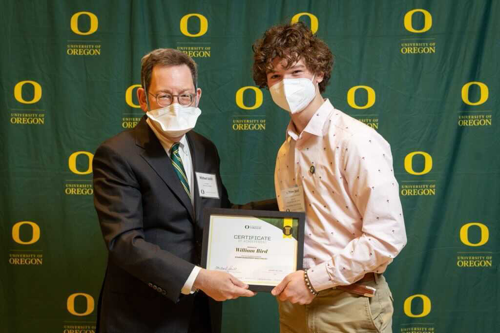 Will Bird ‘22 receives his award of a full ride scholarship to University of Oregon. Bird made spectacular use of his abilities and applications during the scholarship process. “What always stands out in essays is a piece with a variety of saturated emotions” says Bird. 