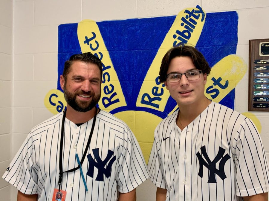 Principal Girzone honors his New York roots on Jersey Day, shown here with Alex Willard 23.