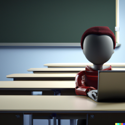 Prompt: 3D render of a student on a laptop in a classroom