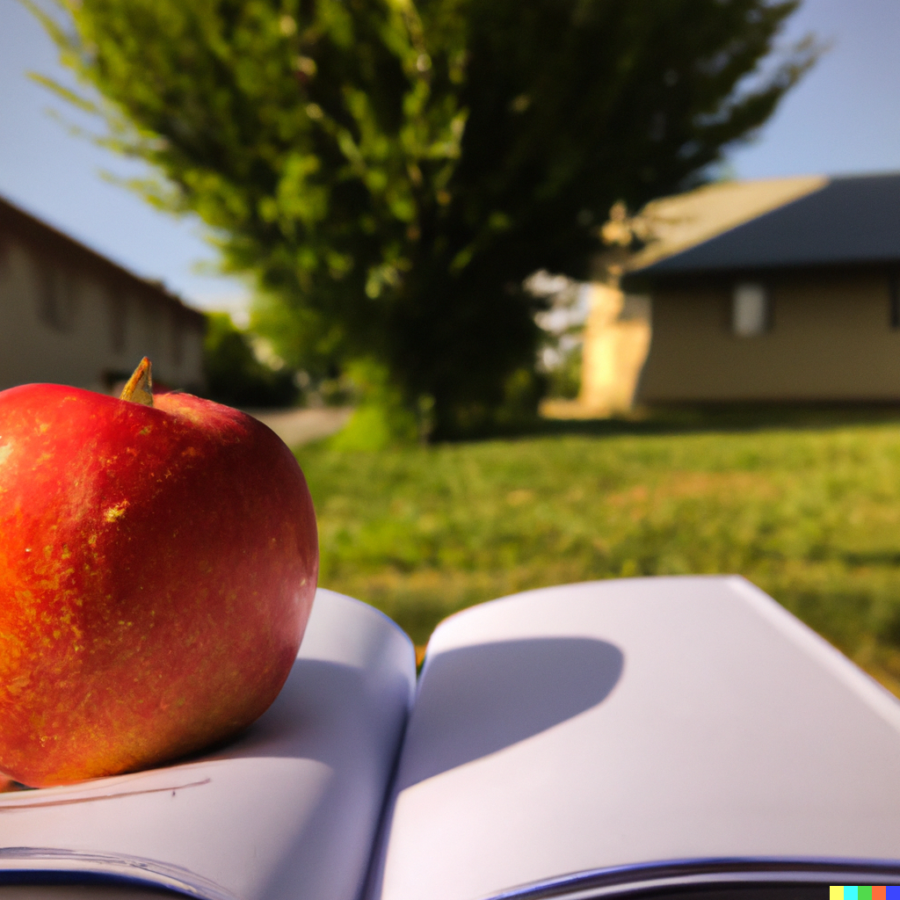 Prompt: photo with a school book in the foreground, with a blurry, out of focus highschool in the summer with warm lighting at noon and apple trees around it 