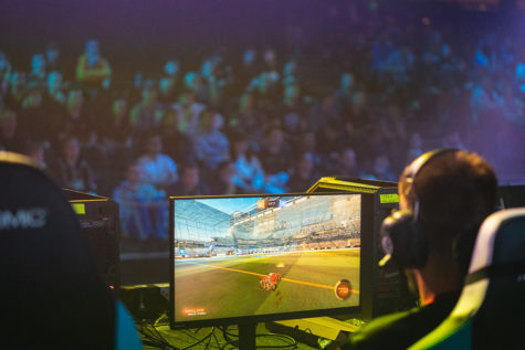 A professional player in game at the Rocket League Championship Series.