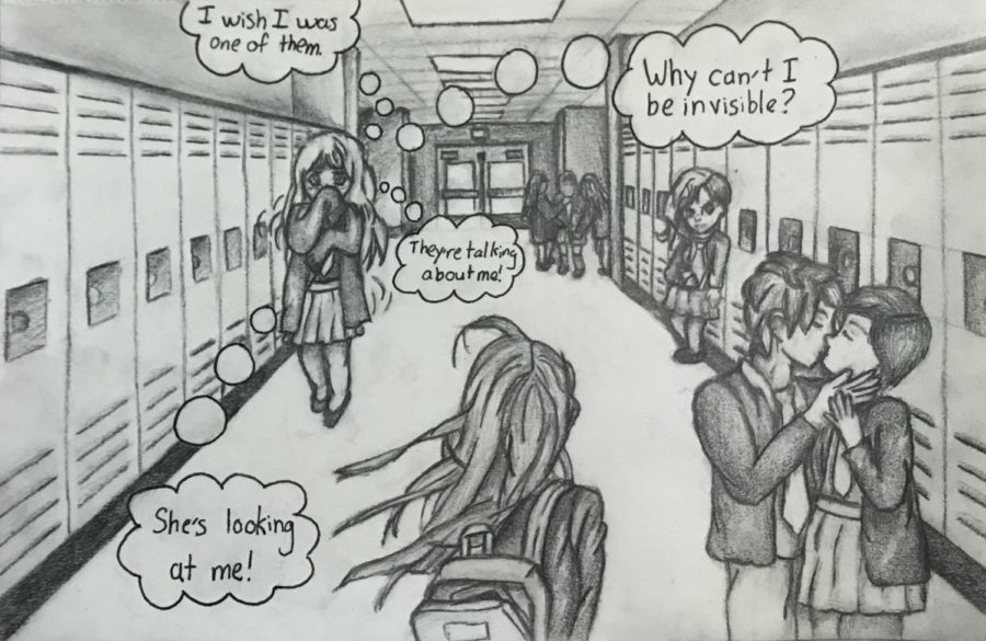 This drawing depicts social anxiety and worries that many high schoolers have. Drawing can be a good way to express yourself and process strong emotions.