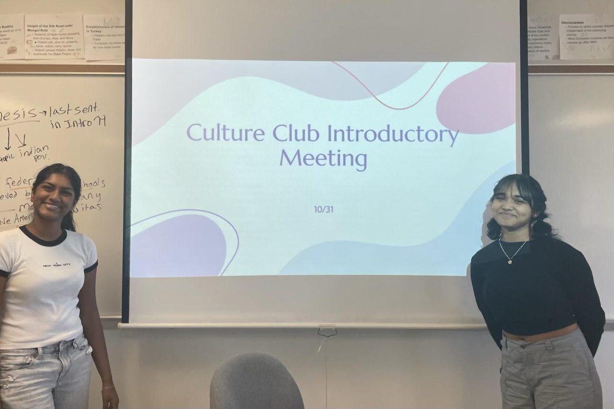 Culture Club founders, Anuhya Chilakapati ‘25 and Kirti Das ‘25, present their introductory slideshow to interested members.  On October 31, HBHS students gathered for the school’s newest after-school activity: Culture Club.  “Culture Club is the best thing that happened to Hollis Brookline High School since CavBlock,” said Lolly Adair ‘25.