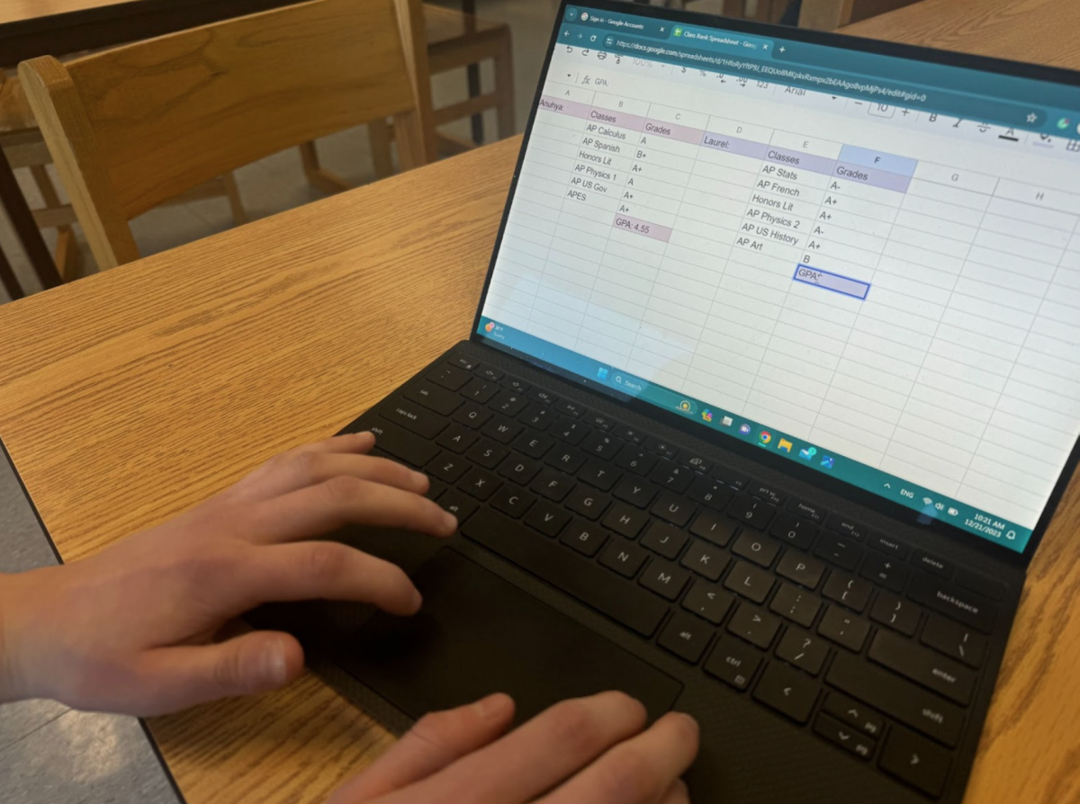 A student frantically types their grades and classes into a spreadsheet.  Previously, when class rank existed at HBHS, students would add grades into spreadsheets to determine who had the highest GPA.  “Some students that were on that spreadsheet were in that internal race to get to the top 10,” said Chantel Klardie, head of Guidance at HBHS.
