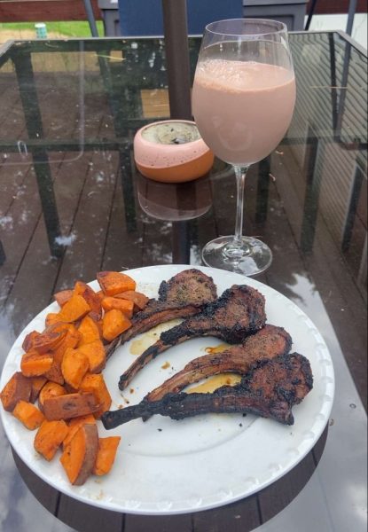 This masterpiece was created by Elliott Cahill and features lamb
chops, grilled sweet potatoes, and a glass of chocolate milk.