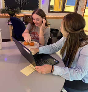 Directed Study teacher Jennifer Campbell is always kind and helpful and assists kids with their work. In this picture, she is helping Aubrey Craig ‘26 with her ROTC information for her CTE program. “I always want my kids to be happy and feel safe in my classroom,” said Campbell.