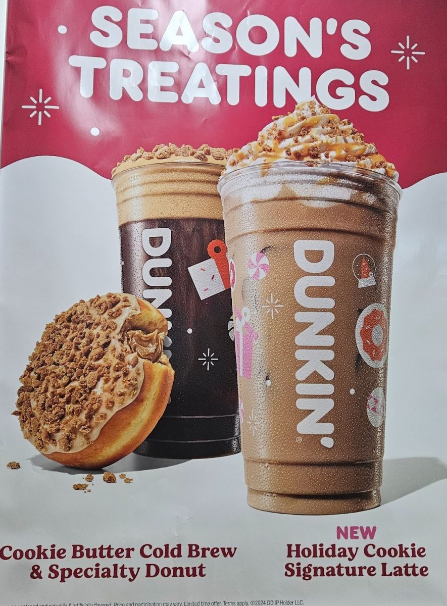 The Dunkin Donuts holiday menu poster features the Cookie Butter Cold Brew, the Holiday Cookie Signature Latte and a Cookie Butter Specialty Donut.