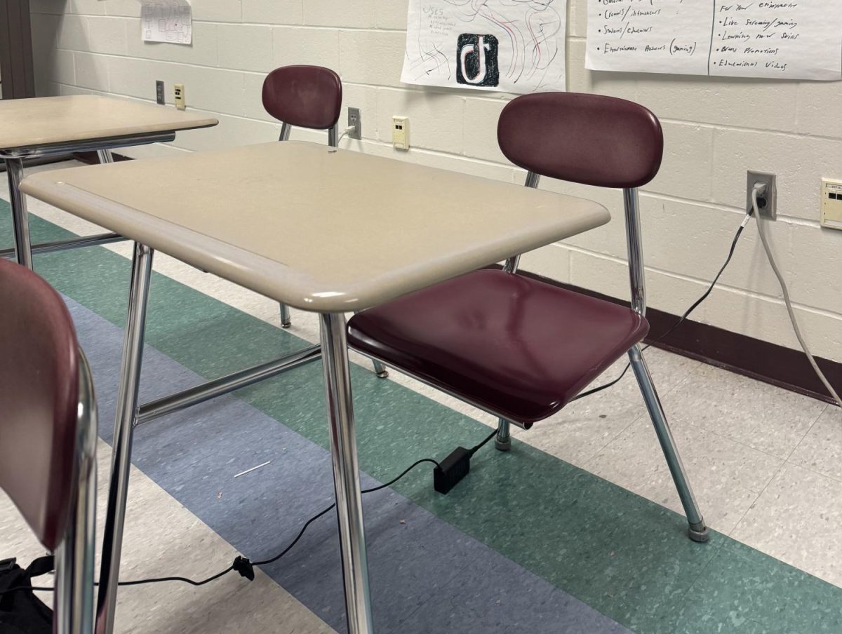 This is a photo of the school desks Hollis-Brookline High School students use. The desk is the same as the average American school desk that has the table connected to the seat. 