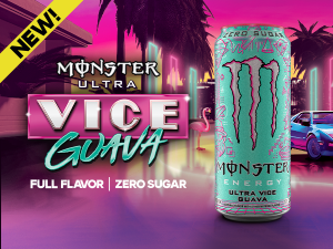 Monster Energy Ultra Vice Guava is displayed in front of a colorful scene to match its colorful and tropical-themed can. (Image courtesy of Monster Energy)