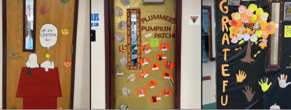 Three of the Thanksgiving-themed doors are pictured here, including Kolb’s award-winning door to the far left. Each door features themes of gratitude, and all display creativity